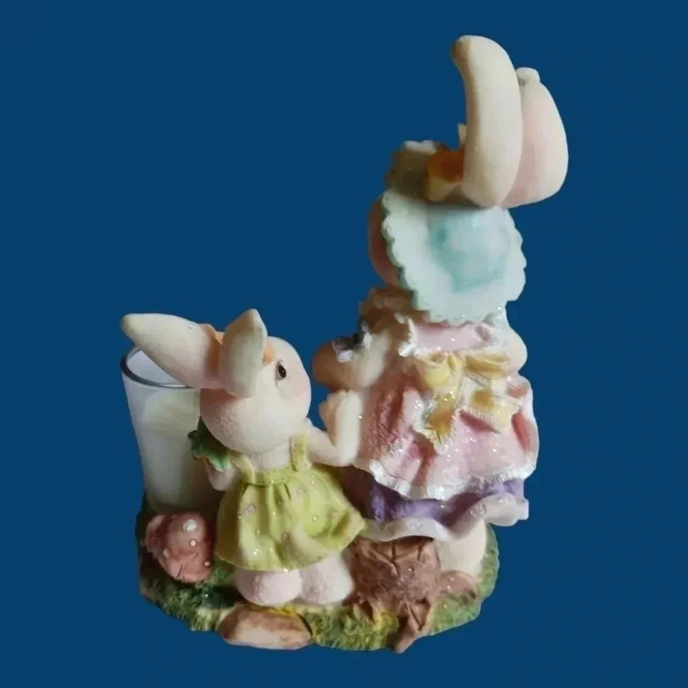 Vtg Cottage charms  ceramic dressed bunnies candle holder